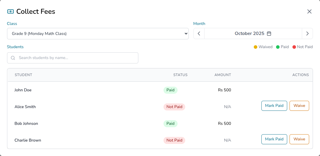 Fees Feature Screenshot