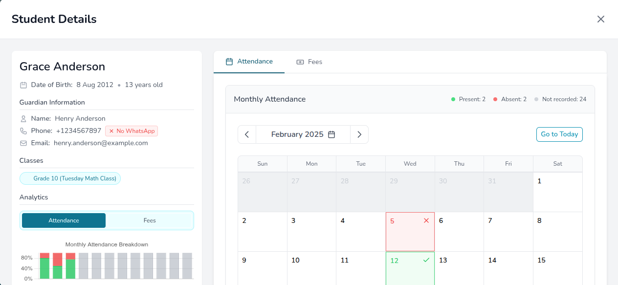 Student Details - Attendance View