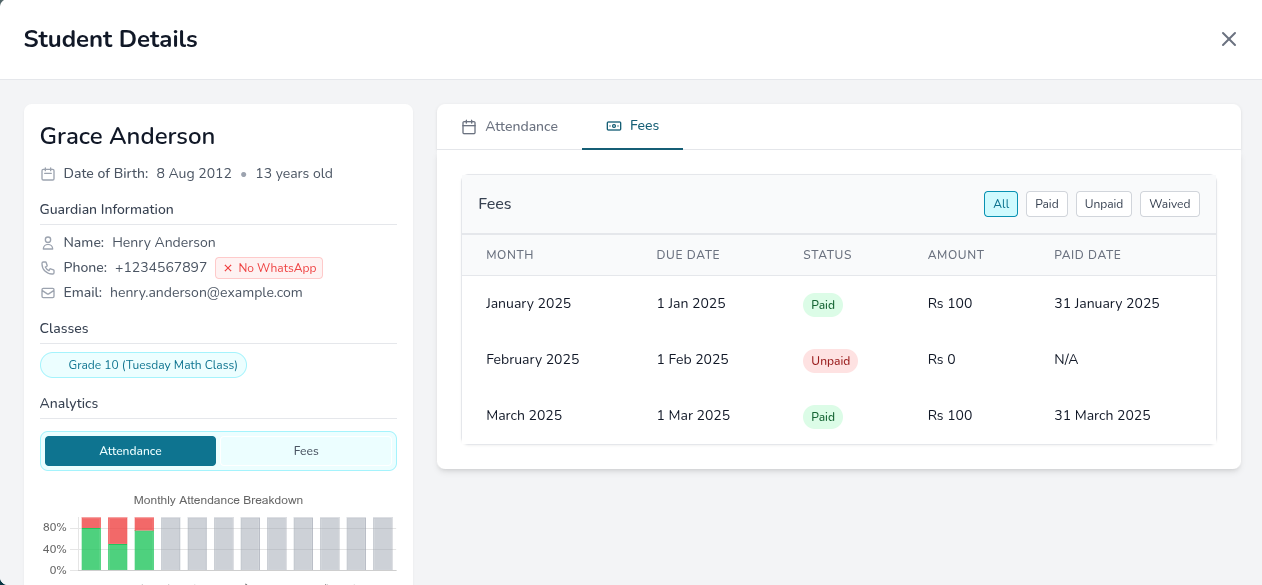 Student Details - Fees View